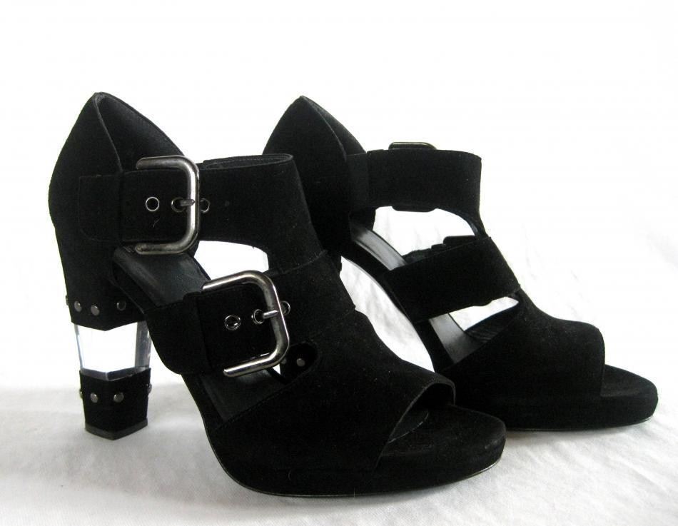 STUART WEITZMAN  Black SUEDE PEEP TOE LUCITE HEELS SANDALS SHOES 