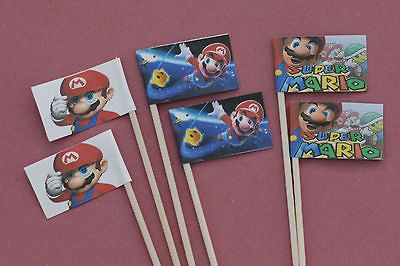 21 x super mario childrens party cupcake flags cake toppers tooth pic 