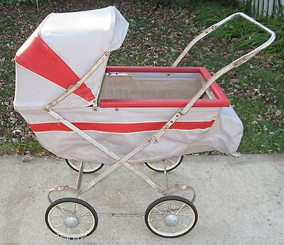 Vintage Antique Baby Doll Buggy Carriage South Bend Wheels Canopy Red 