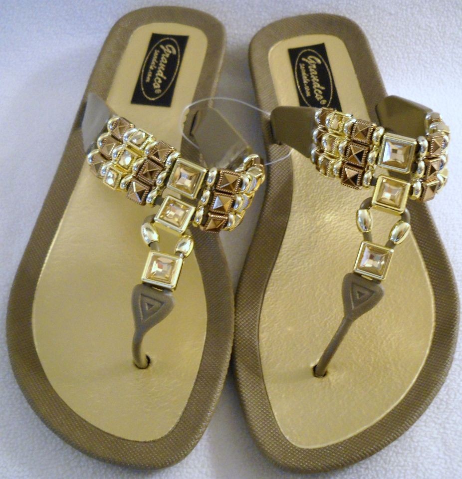 GRANDCO DRESSY Beach Pool THONG BLING Taupe GEMSTONE Jeweled Sandals 