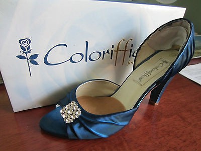 Coloriffics Dani Satin Blue Peep Toe Pump with Rhinestone Detail Size 