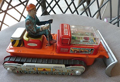 Vintage 1950s RARE JAPAN Tin Toy   BULLDOZER NO. 15   Working