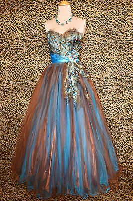TURQUOISE PEACOCK PROM FORMAL EVENING PAGEANT LONG BALL GOWN DRESS XS 