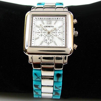 TURQUOISE SILVER Sq Dial Geneva Designer Style BRACELET WATCH