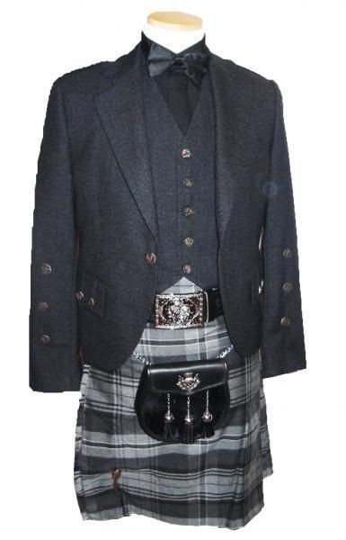 TWEED MENS CHARCOAL KILT JACKET+VEST WOOL SCOTTISH NEW SIZE 36S