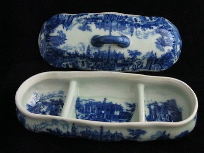 VICTORIA WARE   IRONSTONE   FLOW BLUE PATTERN   JEWELRY DISH TRAY 8 