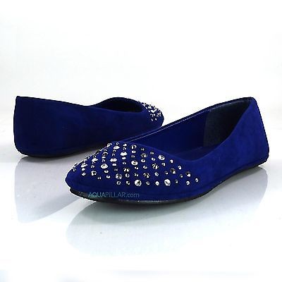 Akia Cobalt Blue Ballet Ballerina Rhinestone Metal Studded Flats Soda 