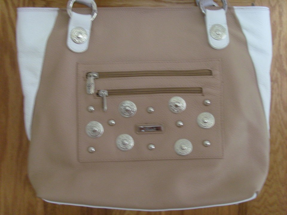 NWOT CRISTINA Pebbled Leather Handbag Pocketbook Purse Camel White 