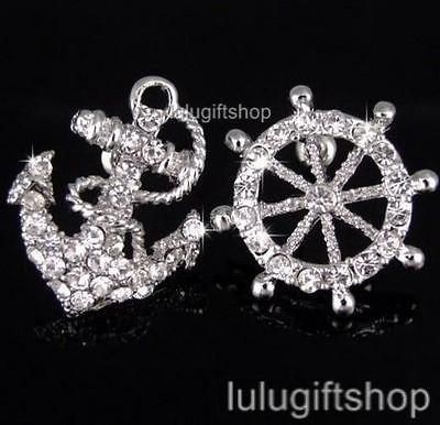 WHITE GOLD PLATED ANCHOR WHEEL SEA SAILOR STUDS EARRINGS USE SWAROVSKI 