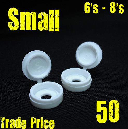 PACK OF 50 WHITE, SMALL HINGED, PLASTIC SCREW COVER CAPS   FREE UK 