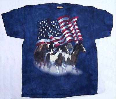 USA FLAG WILD HORSES IMAGE DYE T SHIRT MED NEW MOUNTAIN