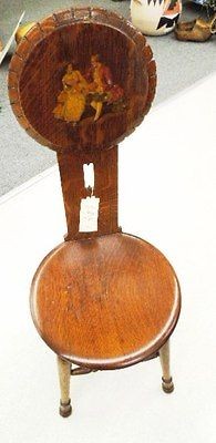 unusual round seat back antique oak chair with scene  225 