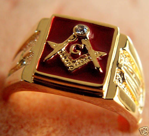 MASONIC mens ring red enamel 14K yellow gold overlay w/cz size 14