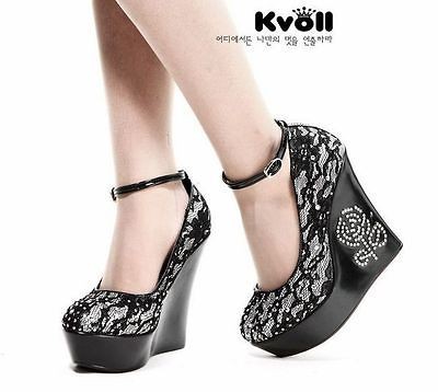 FASHION KVOLL SHOES BLACK LACE BRACE RHINESTONE WEDGE SHOES / 