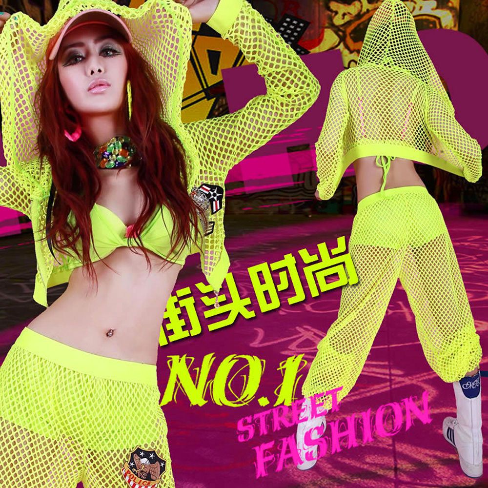 Sexy Costume 4PS Hooded Top+Pants Hip Hop Fluorescence Dance Wear Free 