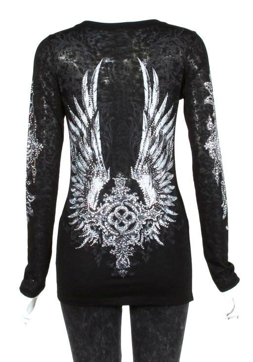 CRYSTAL CROSS ANGEL WINGS TATTOO BLACK BURNOUT L S T SHIRT L ED HARDY 