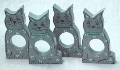 vintage blue handpainted wooden cat napkin rings