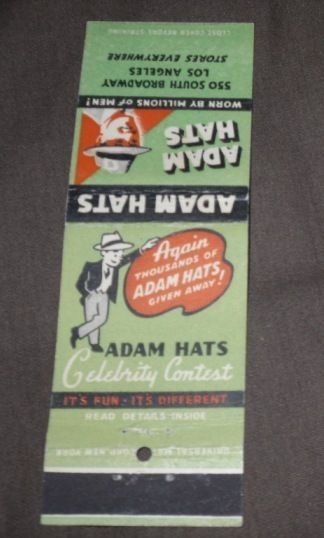 ADAM HATS LOS ANGELES VINTAGE MATCHBOOK COVER