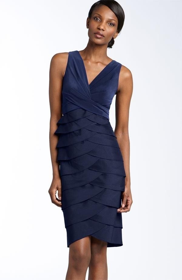 New Adrianna Papell Jersey Tiered Taffeta Sheath Dress Color Navy Blue 