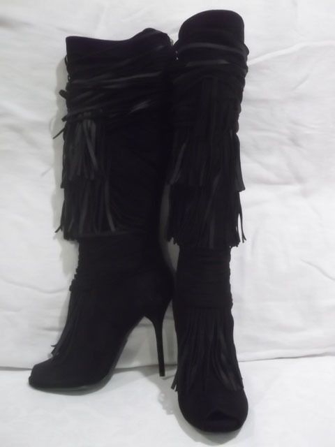 1990 NIB AUTH GUCCI AKERMAN HIGH KNEE HEELS FRINGE BOOTS SUEDE BLACK 