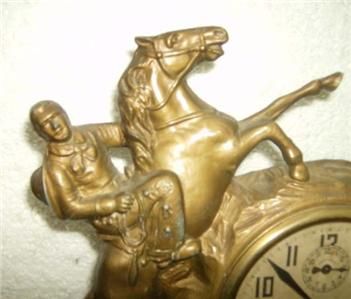 vintage lux spelter pot metal alarm clock cowboy horse working