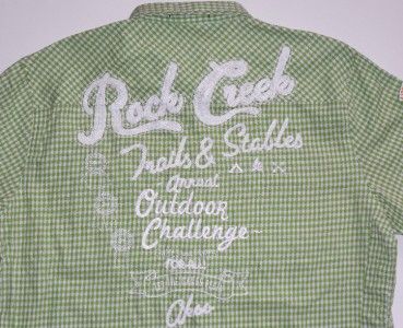 Akoo Mens Sz XXL Embroidered Button Front Shirt in Green and White 