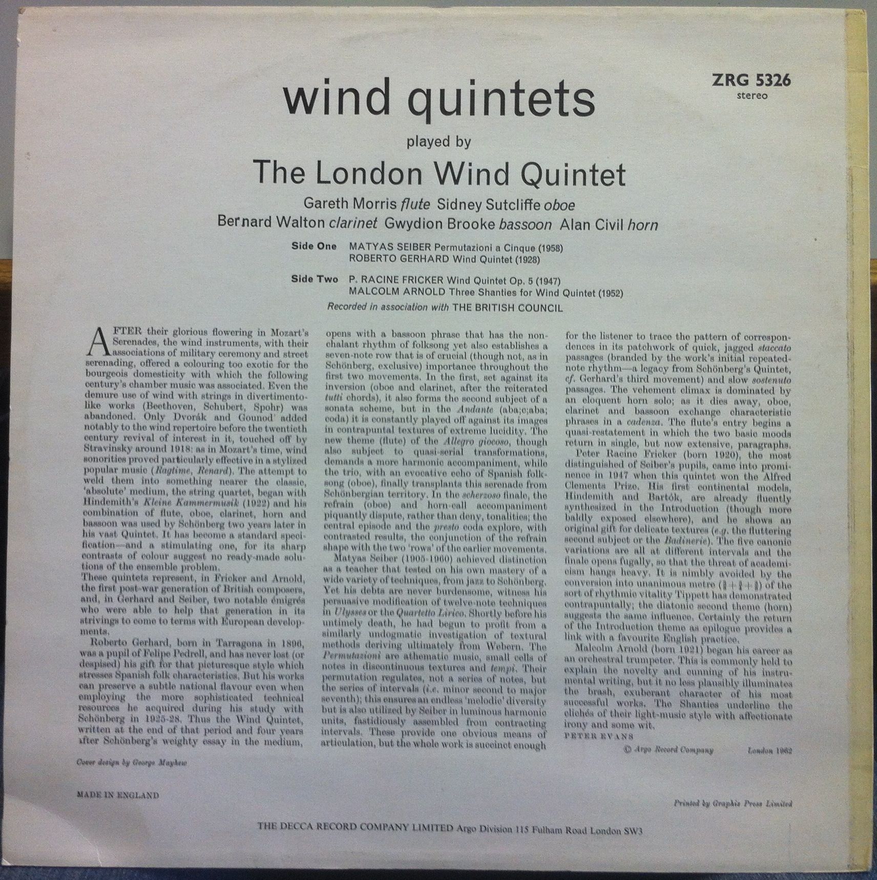 ED1 Oval Argo LONDON WIND QUINTET seiber gerhard arnold LP Mint  ZRG 