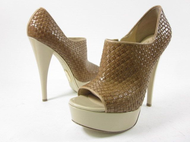 NEW ALEJANDRO INGELMO Tan Woven Leather Open Toe Platform Heels 