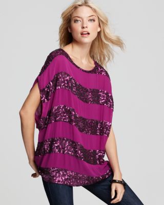 Alice Olivia New Caroline Purple Sequined Striped Short Sleeve Tunic 