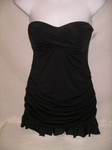 ALLEN B Black Side Shirred Bandeau 1 Pc Swimsuit Swimdress NWT US 6 AU 