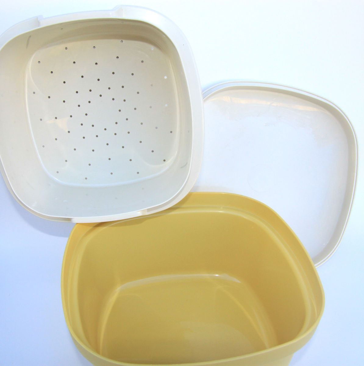 Vintage Yellow Square Tupperware Steamer Server Microwave 3 Piece Set