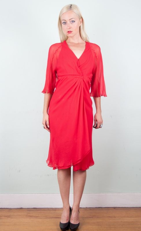 Halston Vtg 70s Red Silk Crepe Chiffon Cocktail Party Wrap Dress XXS 