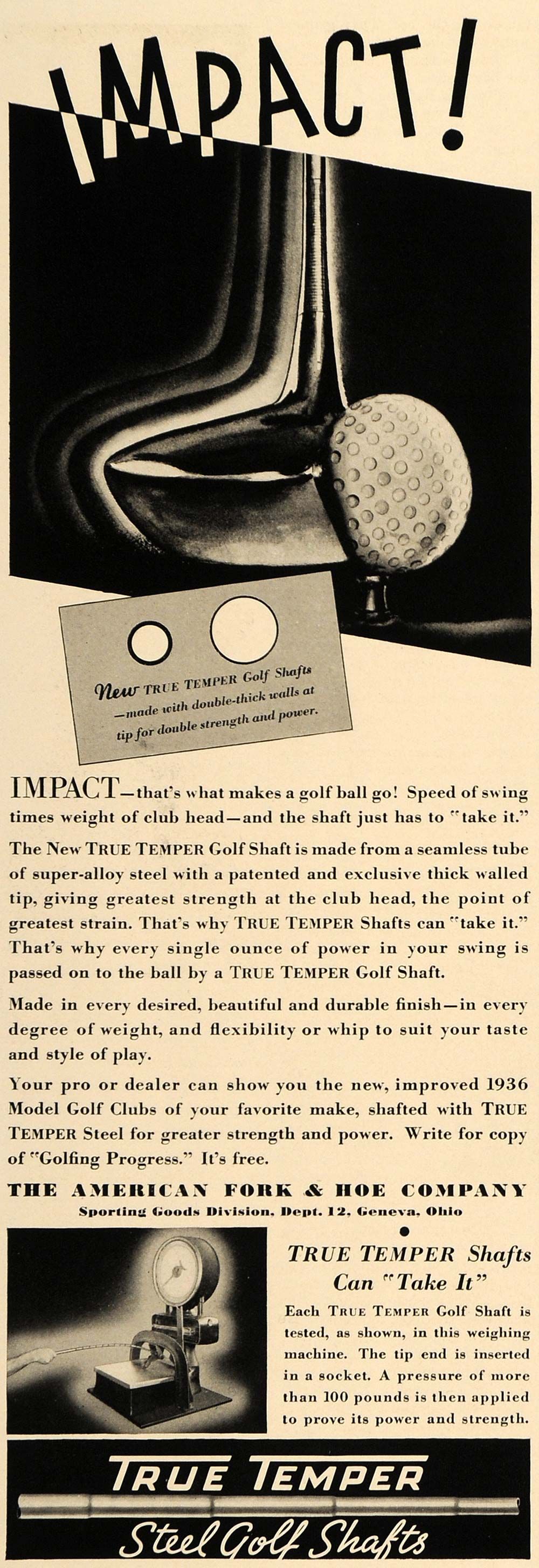 1936 Ad True Temper Golf American Fork Hoe Company Original 