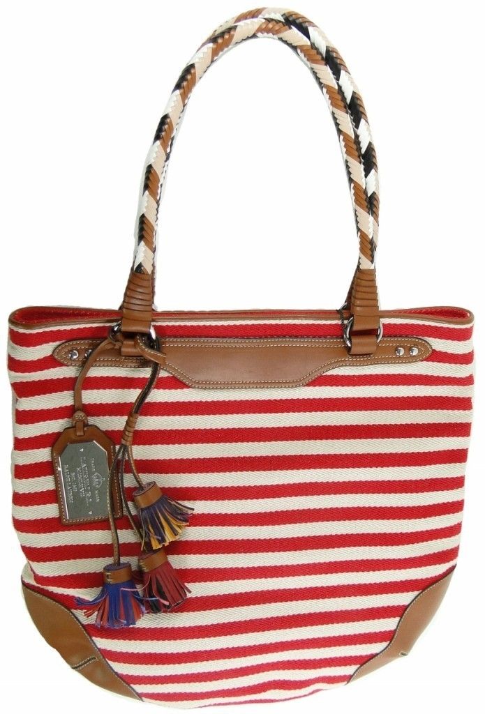 Lauren Ralph Lauren Canvas Andalusia Tote Handbag Purse Red Natural 