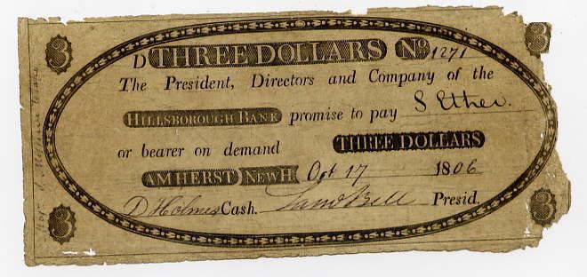 New Hampshire Amherst Hillsborough Bank $3 Oct 17 1806