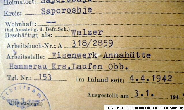 Original Arbeitskarte Anna Hut Camp Hammerau 1942