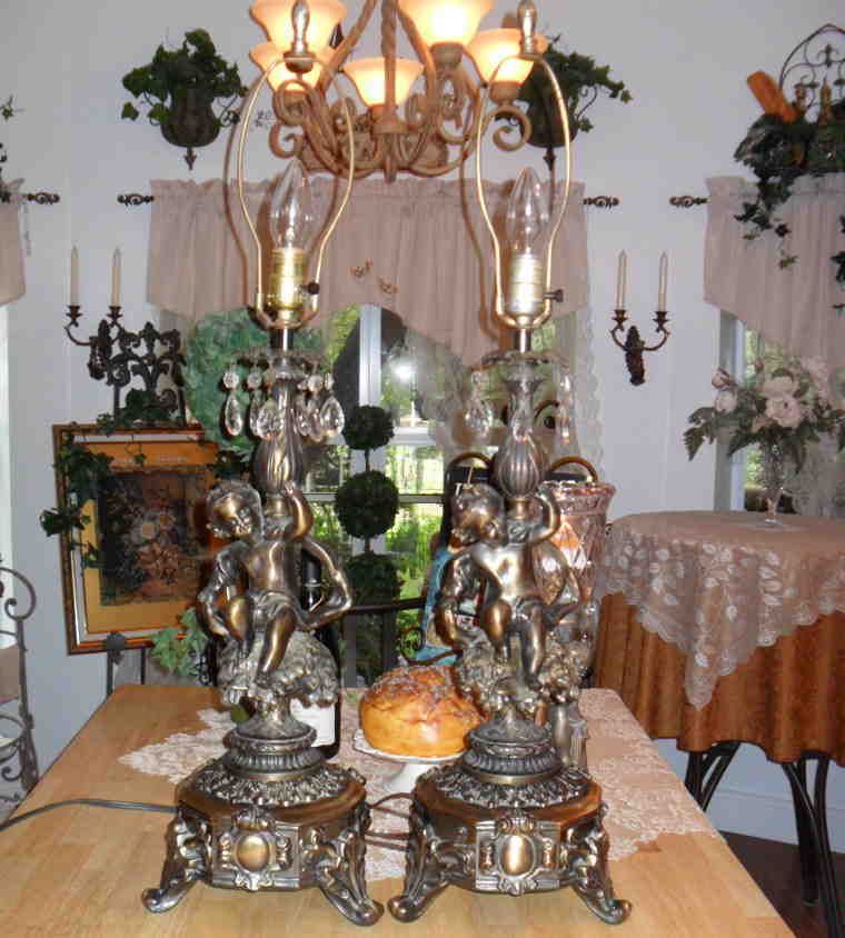    Antique Bronze Finish Crystal Prism Cherub Angel Large Table Lamp