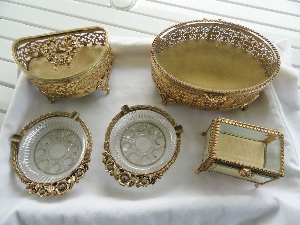 Antique Ormulu Filigree Casket Jewelry Boxes matching ashtrays Beveled 