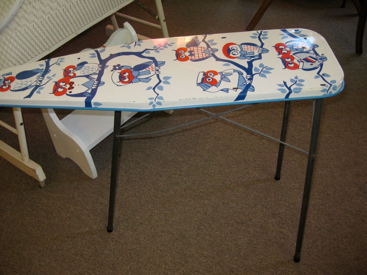 Vintage 1950s Childs Toy Ironing Board Owl Theme Red White Blue Metal 