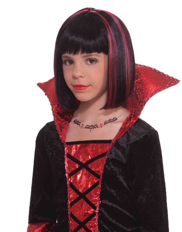 Childs Black Vampire Princess Costume Wig with Red Steaks