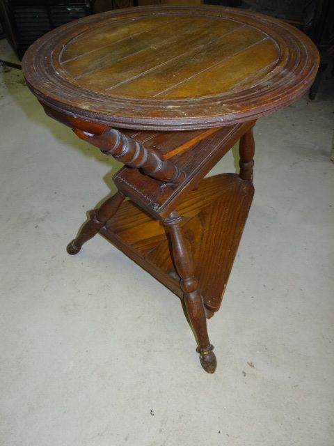 Antique Old Wooden Folk Art Spinning Wheel Lamp Plant Stand Base Table 