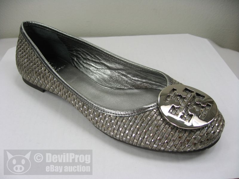 Tory Burch Reva Woven Ballet Flat Pewter Silver Logo 9