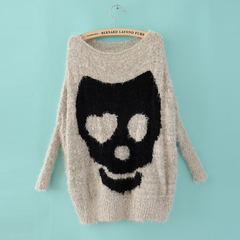Ladies Asymmetric Skull Batwing Knitted Pullover Jumper Casual Loose 