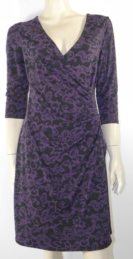 Laura Ashley Purple Black Stretch Dress Cross Over V Neck Front 3 4 