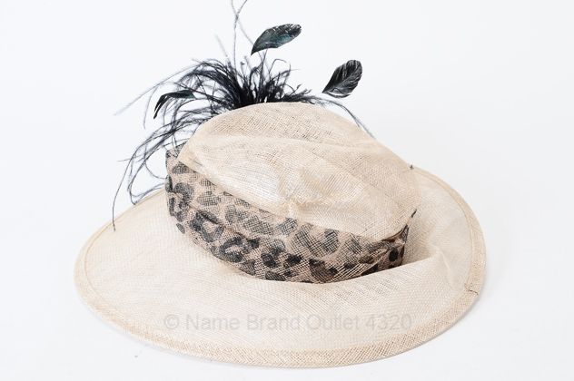 AUGUST ACCESSORIES tan MIRABELLE DOWNBRIM sinamay straw feather trim 