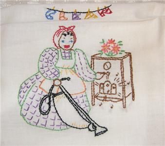 VINTAGE AUNT JEMIMA EMBROIDERED TEA CLOTHS 31 X 37 DOING CHORES