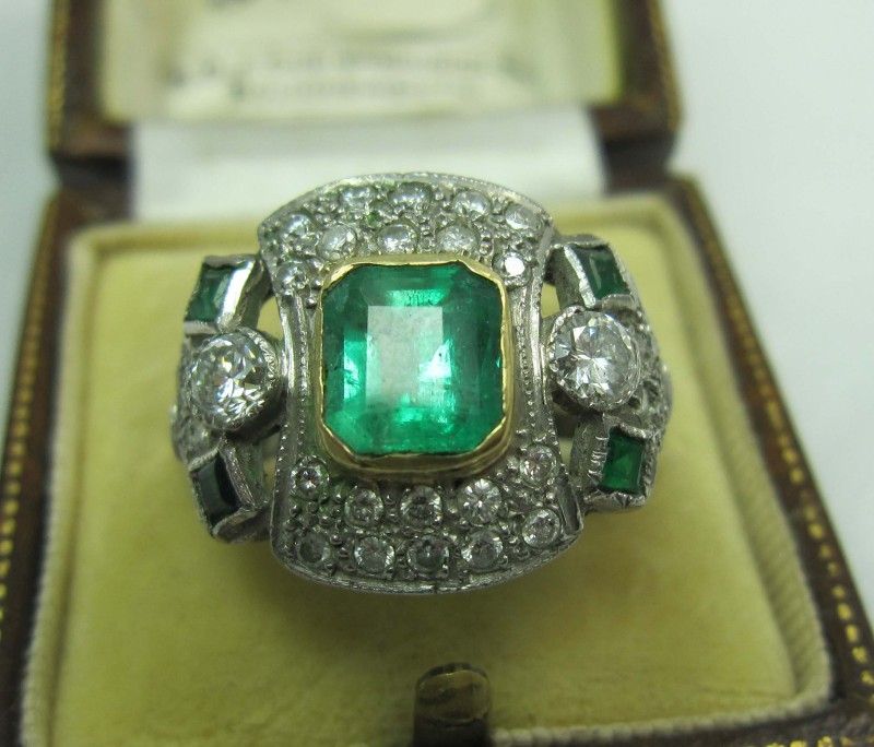 art deco platinum emeralds and diamonds top ring