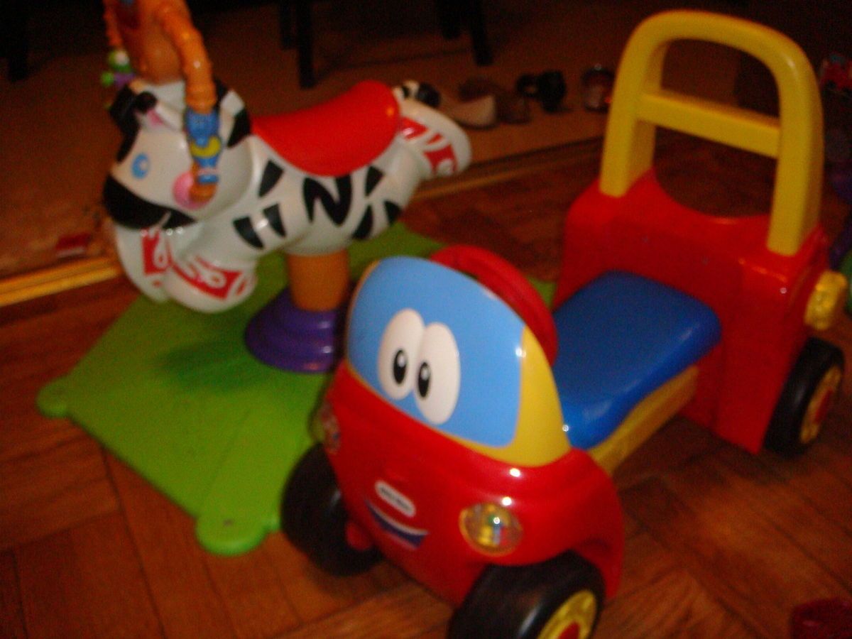 Fisher Price Bounce & Spin Zebra plus Little Tikes Cozy Coupe Car Lot 