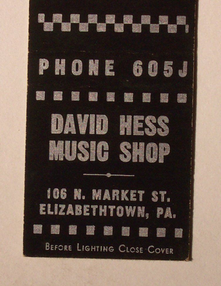 1940s Matchbook David Hess Music Shop Elizabethtown PA