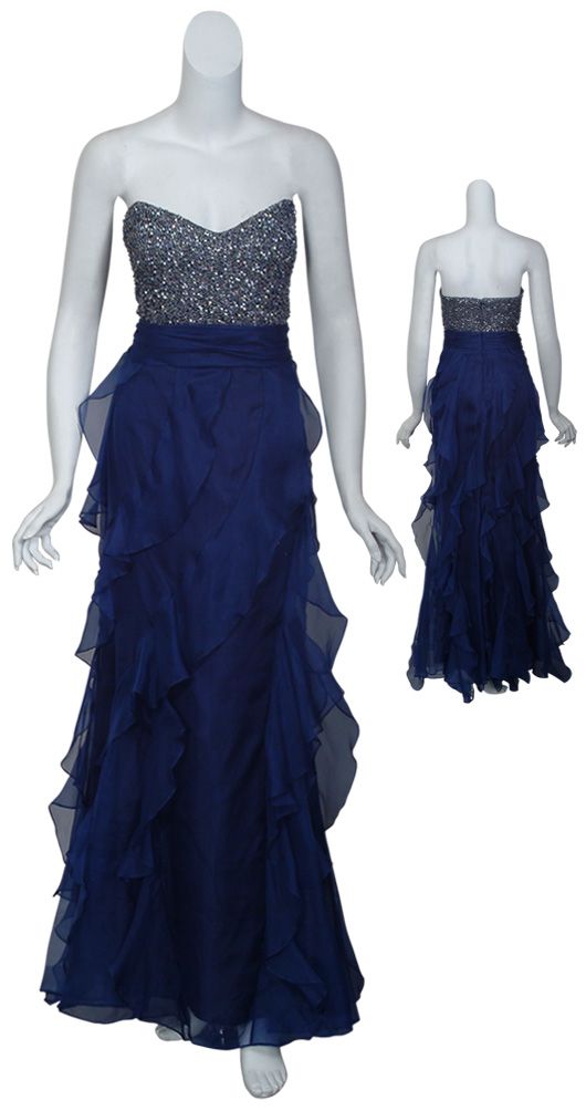 Badgley Mischka Sapphire Silk Organza Sequin Strapless Beaded Gown 